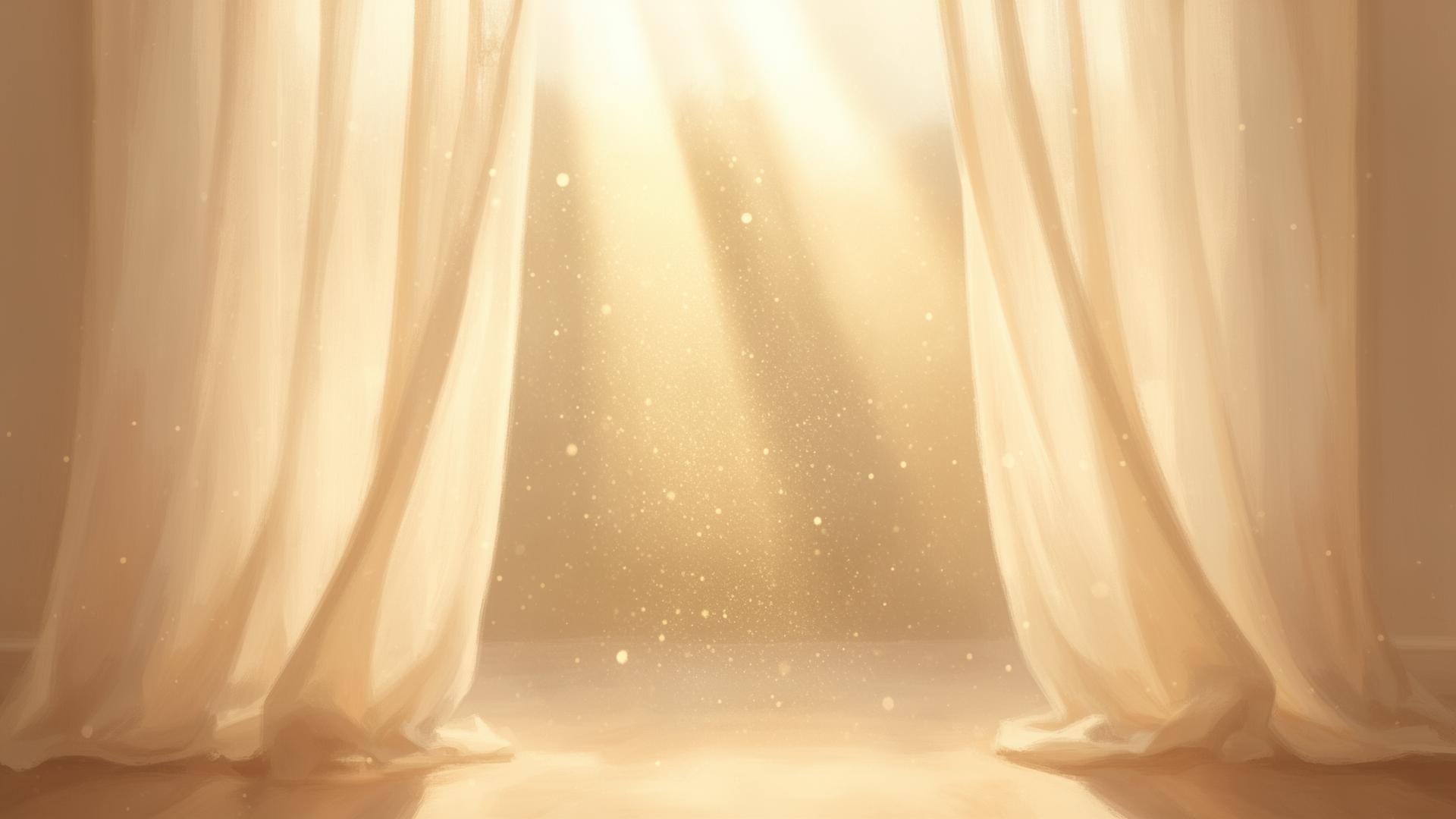 Soft golden light streaming through sheer curtains